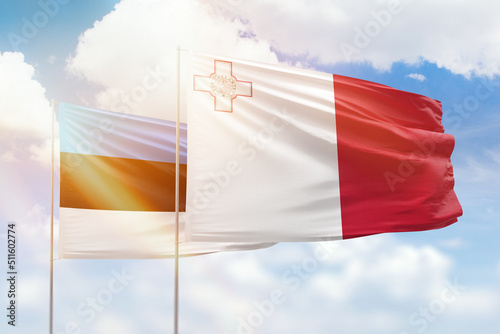 Sunny blue sky and flags of malta and estonia