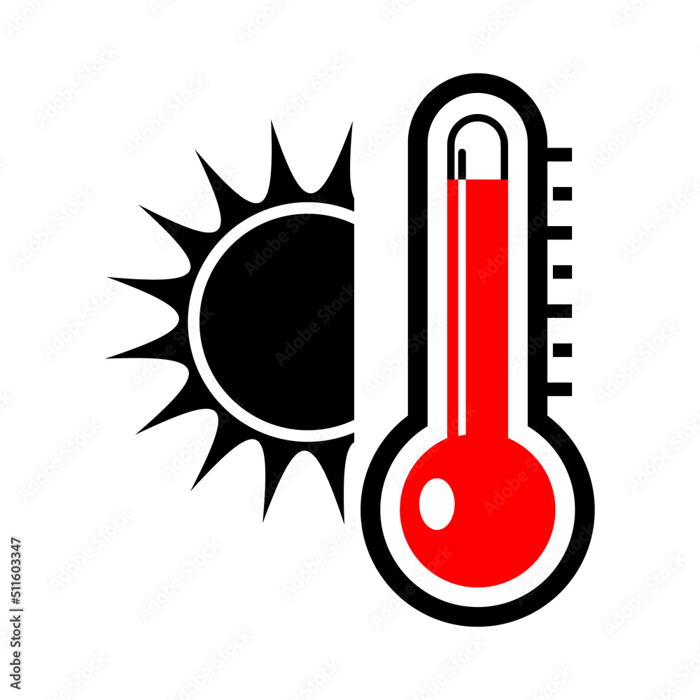 High temperature icon. Vector illustration of sun and red thermometer. Very hot and scorching. Global warming symbol isolated on white background. High temperature icon. Vector illustration of sun and red thermometer. Very hot and scorching. Global warming symbol isolated on white background.