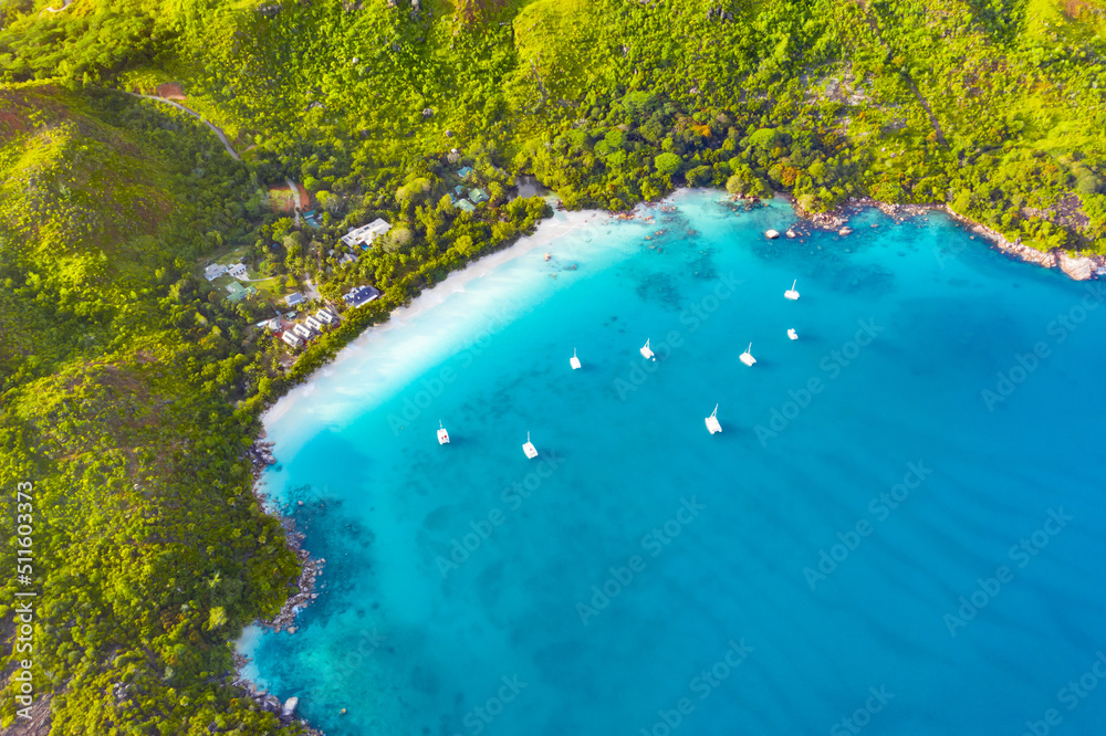 Obraz premium Aerial view of Anse Lazio beach, Praslin, Seychelles
