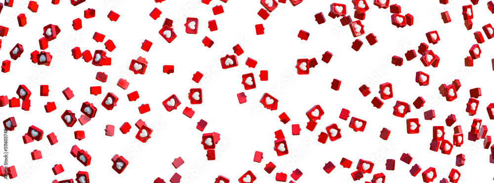 Red social media notification like icon falling . Follow, comment, isolated like icons background. - 3D illustration. Red social media notification like icon falling . Follow, comment, isolated like icons background. - 3D illustration.