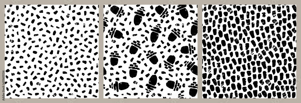 Vector seamless pattern set with poppy seed capsules and brush strokes. Monochrome artistic botanical elements, hand drawn graphic background. Vector seamless pattern set with poppy seed capsules and brush strokes. Monochrome artistic botanical elements, hand drawn graphic background.
