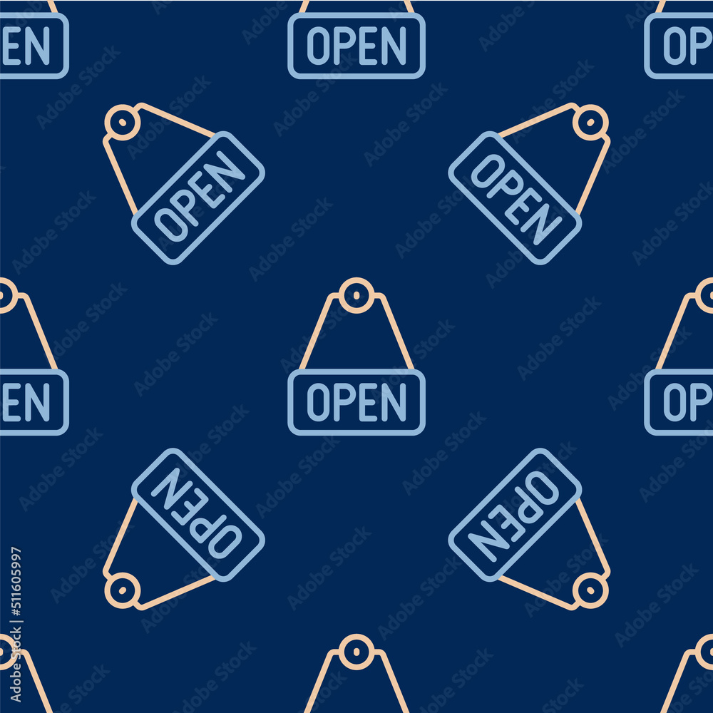 Line Hanging sign with text Open door icon isolated seamless pattern on blue background. Vector Line Hanging sign with text Open door icon isolated seamless pattern on blue background. Vector