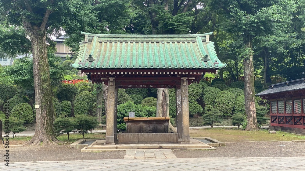  The zen scenery and the traditional architecture pagodas of Japanese shrine, “Nezu” shrine with summer plants and greenery, year 2022 June 18th