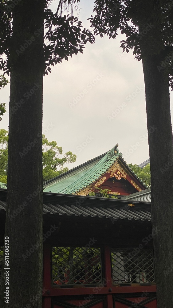 The zen scenery and the traditional architecture pagodas of Japanese shrine, “Nezu” shrine with summer plants and greenery, year 2022 June 18th