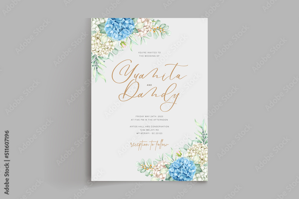 hand drawn hydrangea floral wreath and background design