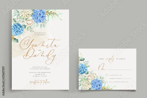 hand drawn hydrangea floral wreath and background design