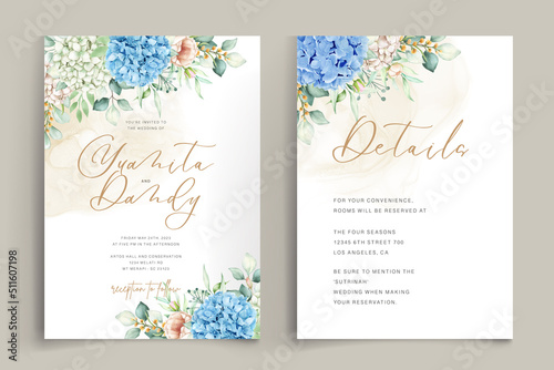 hand drawn hydrangea floral wreath and background design