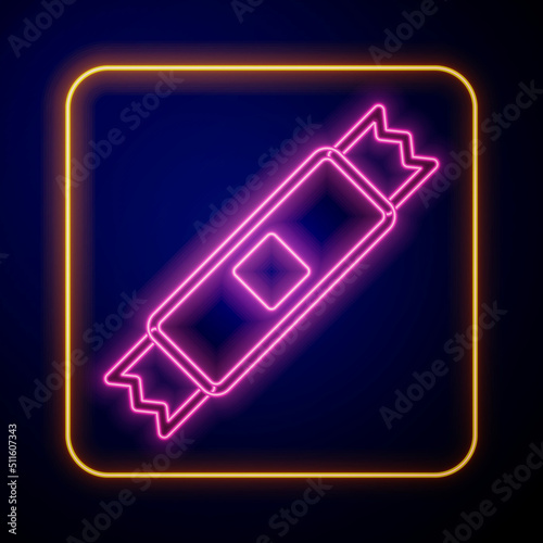Glowing neon Sugar stick packets icon isolated on black background. Blank individual package for bulk food products as coffee, salt, spices. Vector