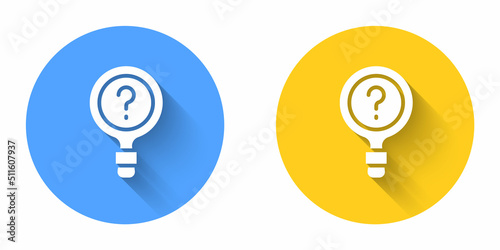 White Unknown search icon isolated with long shadow background. Magnifying glass and question mark. Circle button. Vector