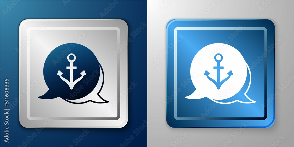 White Anchor icon isolated on blue and grey background. Silver and blue square button. Vector White Anchor icon isolated on blue and grey background. Silver and blue square button. Vector