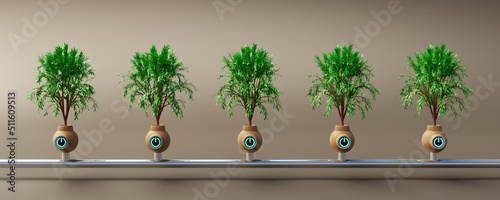 Sci-fi futuristic tree planting to harvest food and obtain electrical energy