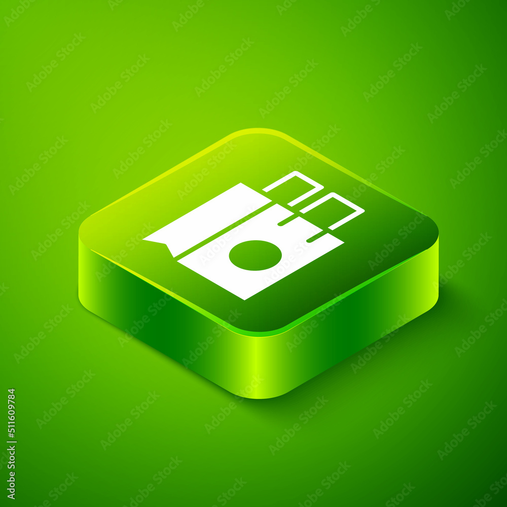 Isometric Paper shopping bag icon isolated on green background. Package sign. Green square button. Vector Isometric Paper shopping bag icon isolated on green background. Package sign. Green square button. Vector