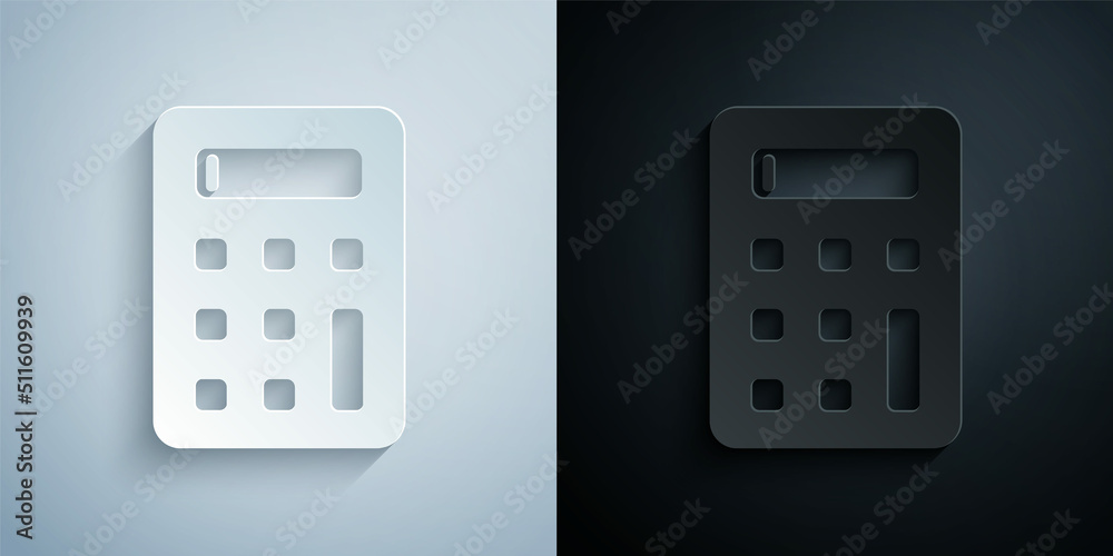 Paper cut Calculator icon isolated on grey and black background. Accounting symbol. Business calculations mathematics education and finance. Paper art style. Vector Paper cut Calculator icon isolated on grey and black background. Accounting symbol. Business calculations mathematics education and finance. Paper art style. Vector