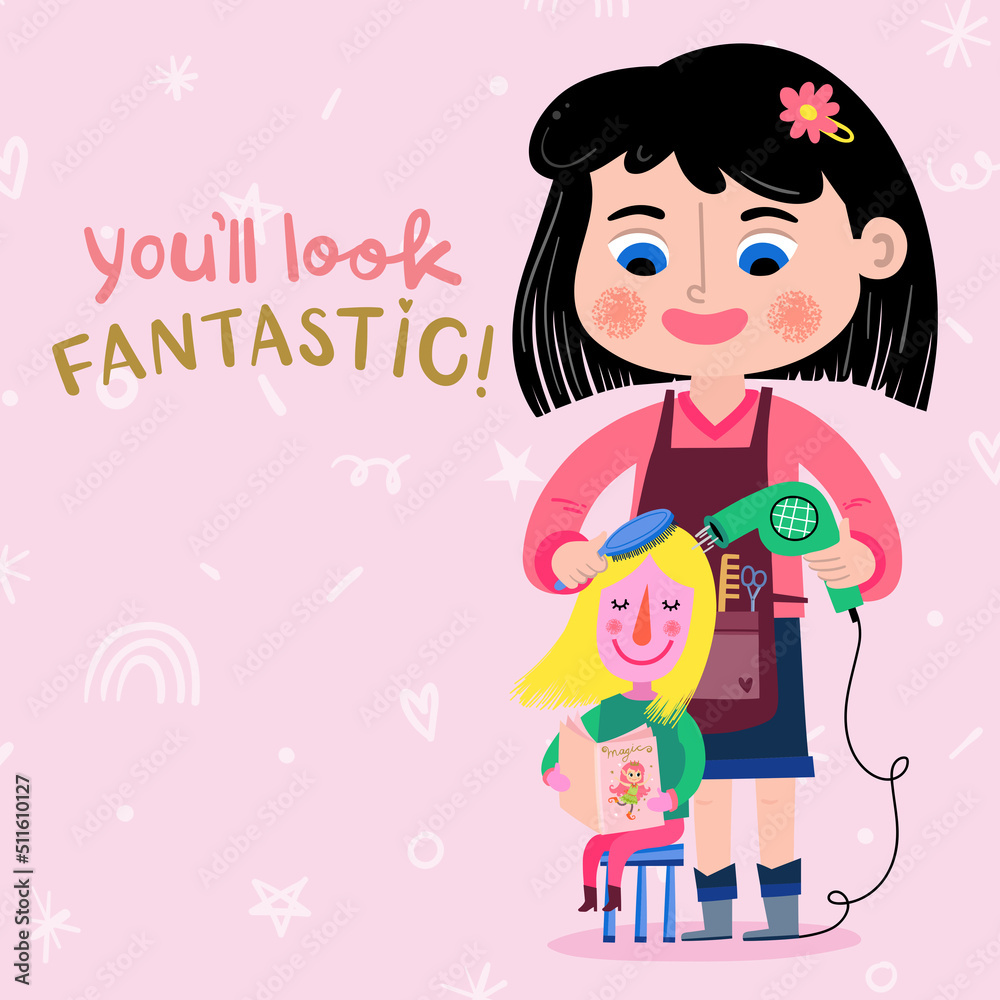 Happy Girl Hairdresser Combing a Doll Play With Me Cute Children Collection, Funny Kids Activities, Colorful Cartoon Vector Illustrations.