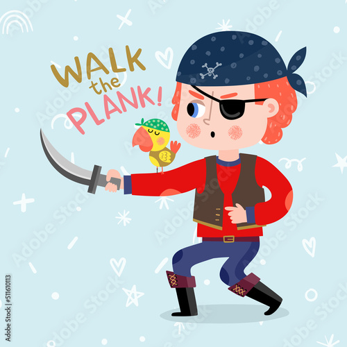 Pirate Boy with Patched Eye and a Sword With Parrot on His Shoulder Walk the Plank Play With Me Cute Children Collection, Funny Kids Activities, Colorful Cartoon Vector Illustrations