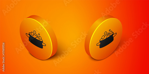 Isometric Cooking pot icon isolated on orange background. Boil or stew food symbol. Orange circle button. Vector