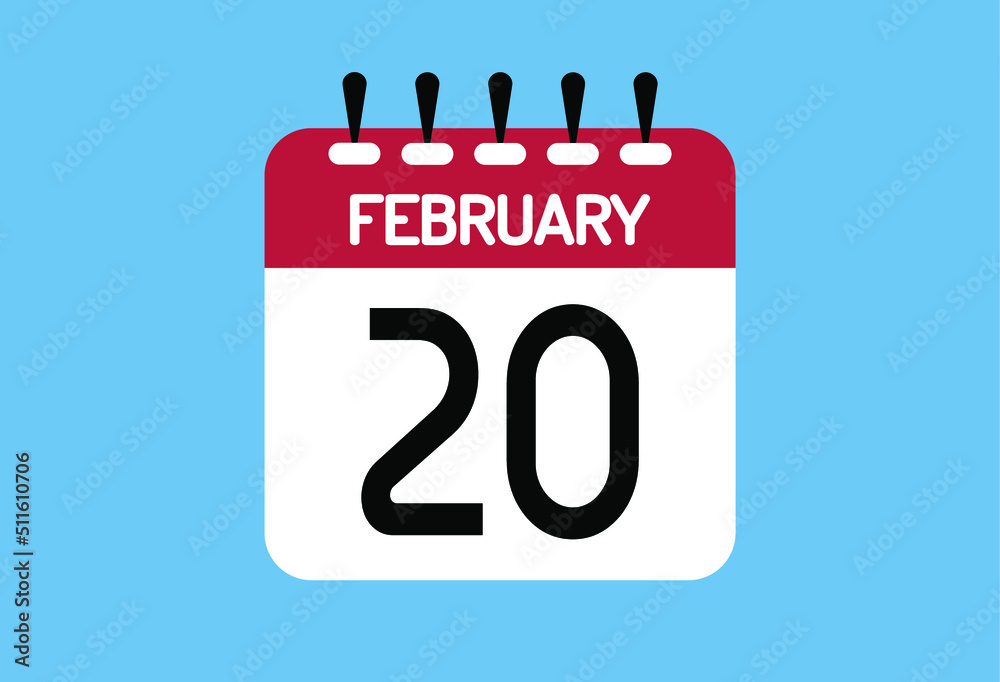 February day 20. Calendar design template 20 february in background blue.