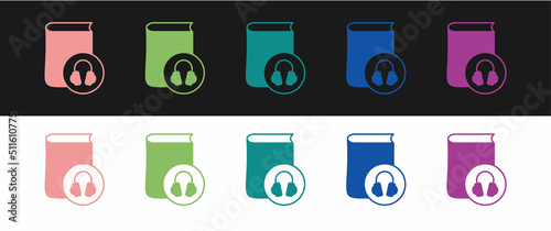 Set Audio book icon isolated on black and white background. Book with headphones. Audio guide sign. Online learning concept. Vector