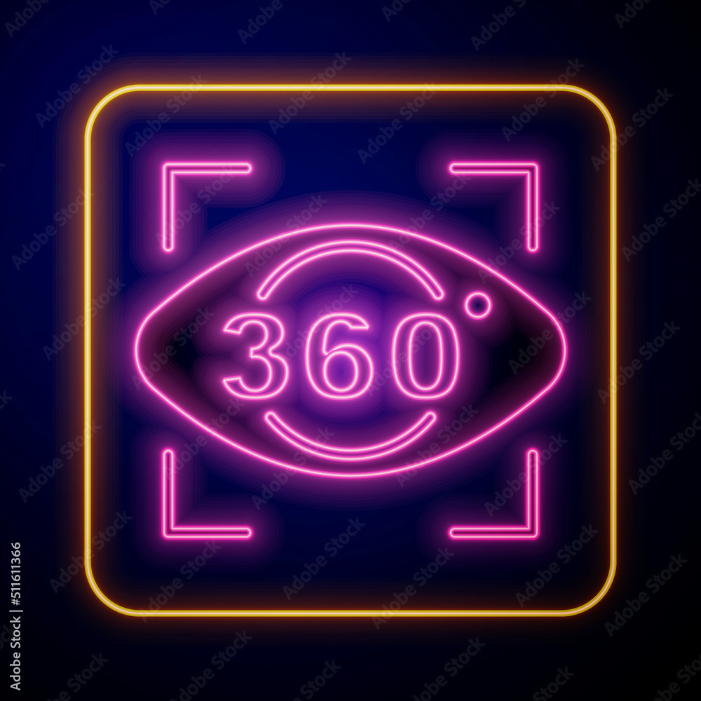 Glowing neon 360 degree view icon isolated on black background. Virtual reality. Angle 360 degree camera. Panorama photo. Vector Glowing neon 360 degree view icon isolated on black background. Virtual reality. Angle 360 degree camera. Panorama photo. Vector