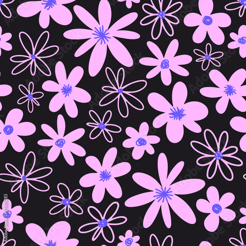 Seamless summer floral pattern with hippie style flowers.