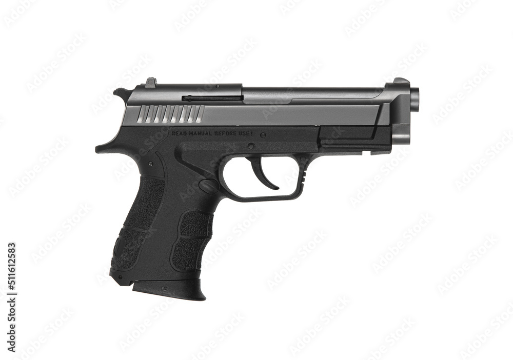 Modern semi-automatic pistol. A short-barreled weapon for self-defense. Arming the police, special units and the army. Isolate on a white back Modern semi-automatic pistol. A short-barreled weapon for self-defense. Arming the police, special units and the army. Isolate on a white back