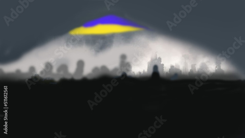 Black gradient background with abstract mountains. Illustration of the destruction of a city in Ukraine due to the Russian army attack