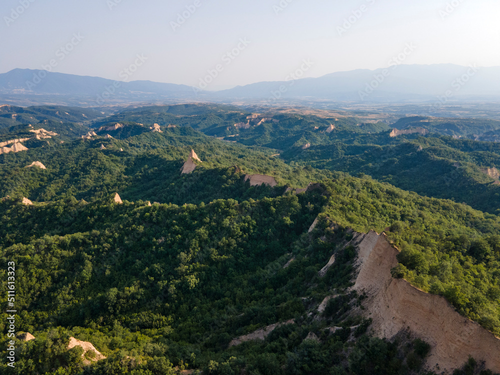 Fototapeta premium Aerial sunset view of Rozhen sand pyramids, Bulgaria