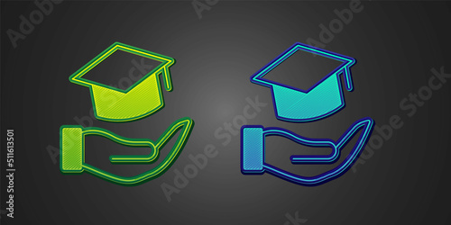 Green and blue Education grant icon isolated on black background. Tuition fee, financial education, budget fund, scholarship program, graduation hat. Vector