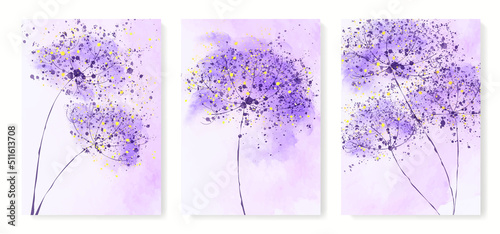 Luxury abstract background with dandelion flowers in gold and purple colors in watercolor art style. Botanical ink hand drawn print set for decor, poster, interior design
