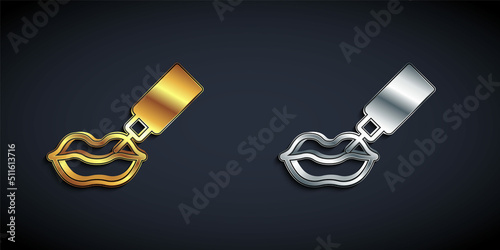 Gold and silver Lip augmentation icon isolated on black background. Hyaluronic acid lips injection. Contour plastic. Long shadow style. Vector