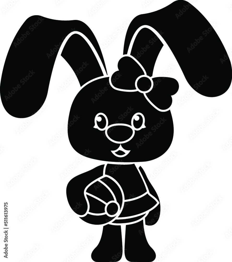 Black and White Cartoon Illustration Vector of a Baby Bunny Standing with Beach Ball in a Swim Suit and Bow Black and White Cartoon Illustration Vector of a Baby Bunny Standing with Beach Ball in a Swim Suit and Bow