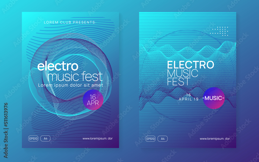 Dj event neon flyer. Techno trance party. Electro dance music. Electronic sound. Club fest poster.