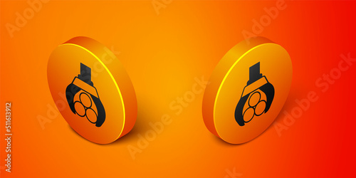 Isometric Grapple crane grabbed a log icon isolated on orange background. Forest industry. Industrial crane for lumber trunk wood production. Orange circle button. Vector