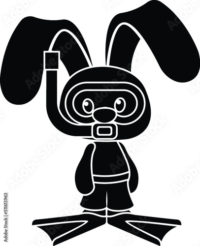 Black and White Cartoon Illustration Vector of a Baby Bunny Standing in Snorkel Goggles with Swimming Fins