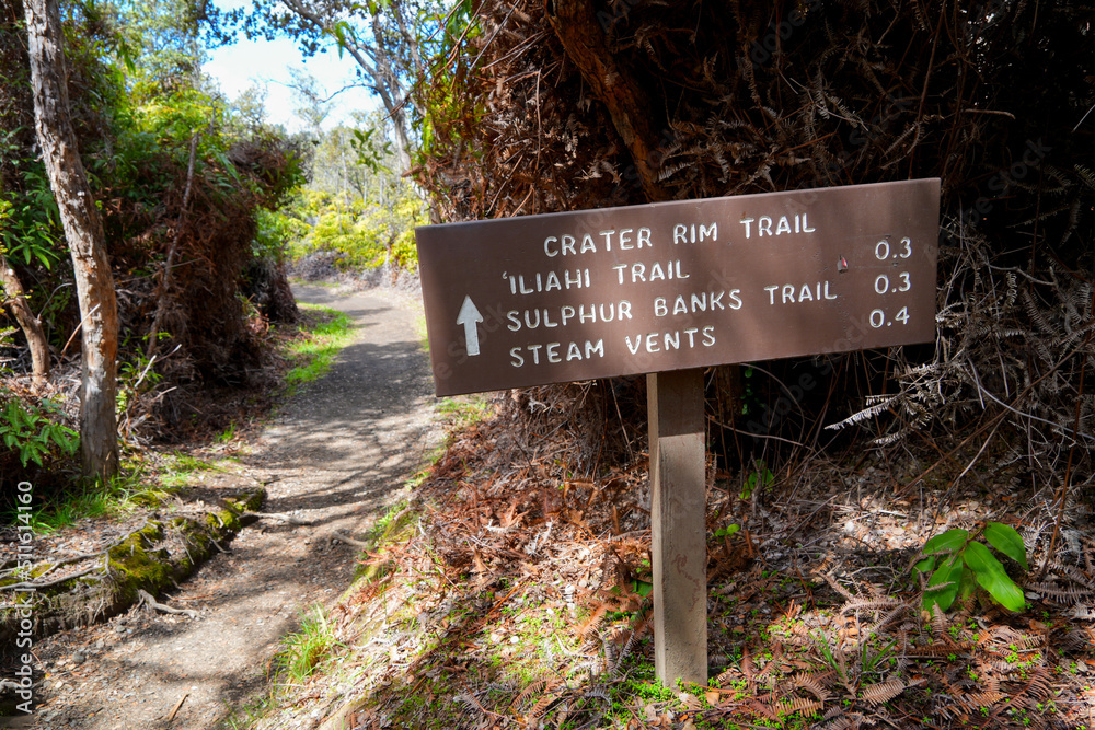 Directions sign on the Crater Rim Trail in the Hawaiian Volcanoes National Park on the Big Island of Hawai'i in the Pacific Ocean