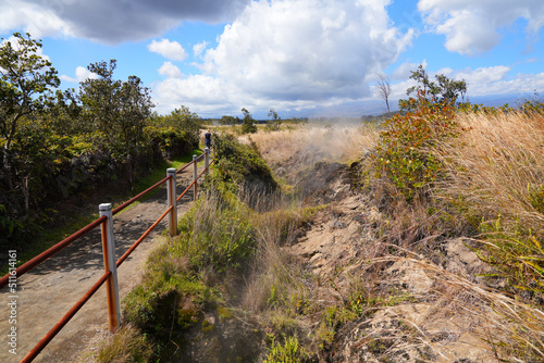 Steam vents along the Crater Rim Trail around the Kilauea volcano in the Hawaiian Volcanoes National Park on the Big Island of Hawai'i in the Pacific Ocean