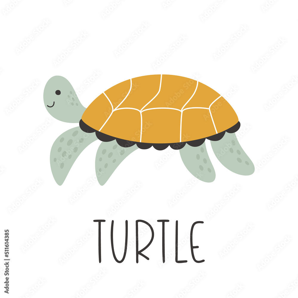 Cute hand-drawn turtle side view. Vector illustration of a wild sea ...