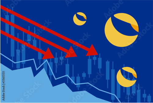 Stablecoin TerraUSD UST token symbol in soap bubble. Cryptocurrency price falls down, trading crisis and crash. The financial pyramid will burst soon and destroyed. Vector illustration