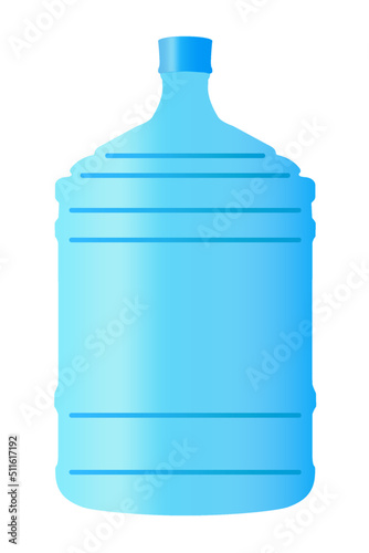 Five gallon big blue plastic water bottle container standing on white background, water delivery service of fresh purified water