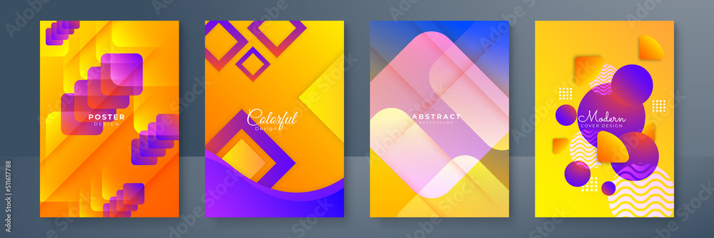 Set of color abstract geometric shapes poster background. Colorful gradient elements for minimal banner, logo, social post. Futuristic trendy dynamic A4 brochure banners. Abstract background.