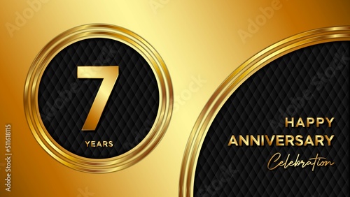 7 Years Anniversary logo with gold color for booklets, leaflets, magazines, brochure posters, banners, web, invitations or greeting cards. Vector illustration.