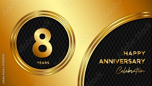 8 Years Anniversary logo with gold color for booklets, leaflets, magazines, brochure posters, banners, web, invitations or greeting cards. Vector illustration.