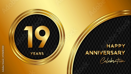19 Years Anniversary logo with gold color for booklets, leaflets, magazines, brochure posters, banners, web, invitations or greeting cards. Vector illustration.