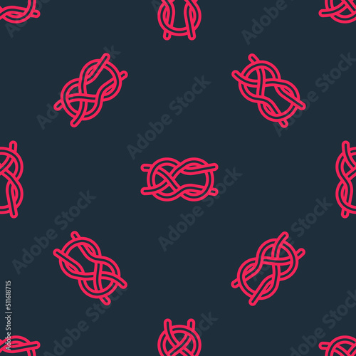 Red line Nautical rope knots icon isolated seamless pattern on black background. Rope tied in a knot. Vector