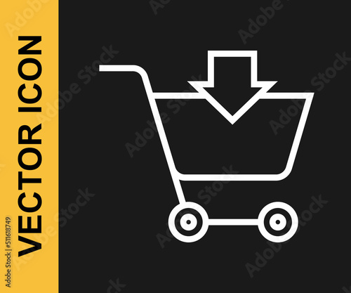 White line Add to Shopping cart icon isolated on black background. Online buying concept. Delivery service sign. Supermarket basket symbol. Vector