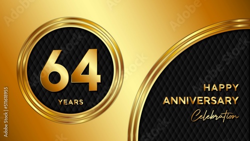 64 Years Anniversary logo with gold color for booklets, leaflets, magazines, brochure posters, banners, web, invitations or greeting cards. Vector illustration.
