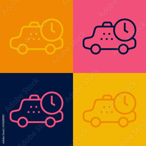 Pop art line Taxi waiting time icon isolated on color background. Car deadline, schedule ride. Vector