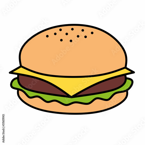 Burger, hamburger, cheeseburger line icon in colored linear style isolated on white background. Pictogram symbol and illustration for logo. Thin black line vector.