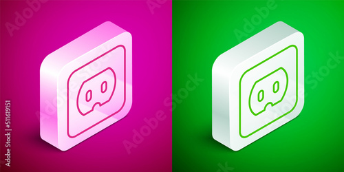 Isometric line Electrical outlet icon isolated on pink and green background. Power socket. Rosette symbol. Silver square button. Vector