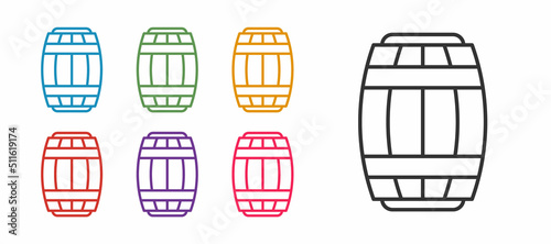 Set line Wooden barrel icon isolated on white background. Alcohol barrel, drink container, wooden keg for beer, whiskey, wine. Set icons colorful. Vector